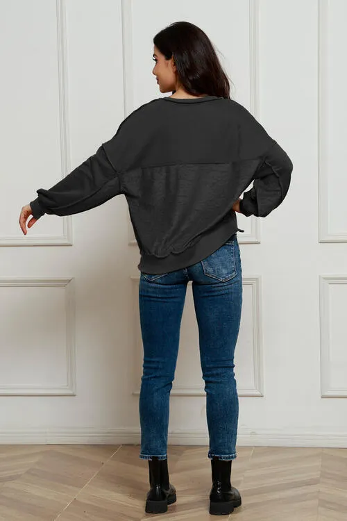Tianne Exposed Seam Half Button Long Sleeve Sweatshirt