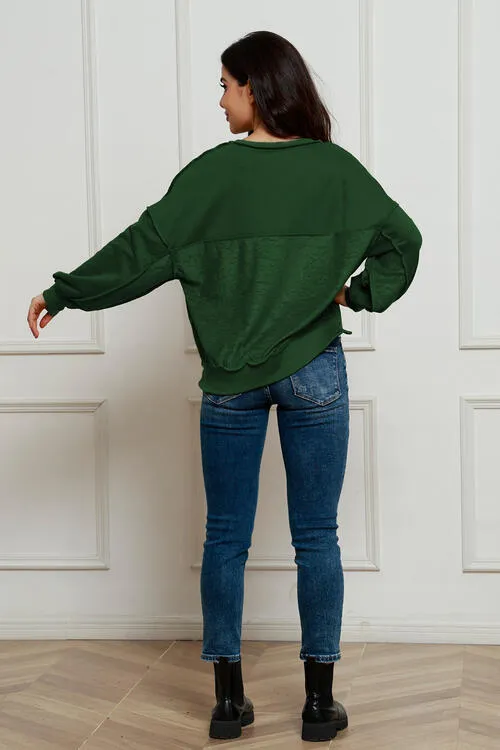 Tianne Exposed Seam Half Button Long Sleeve Sweatshirt