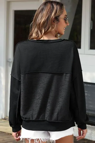 Tianne Exposed Seam Half Button Long Sleeve Sweatshirt