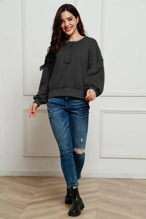 Tianne Exposed Seam Half Button Long Sleeve Sweatshirt