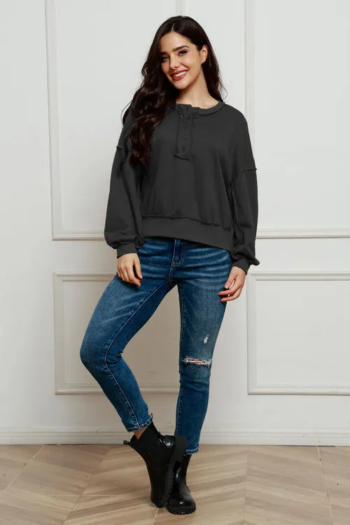 Tianne Exposed Seam Half Button Long Sleeve Sweatshirt