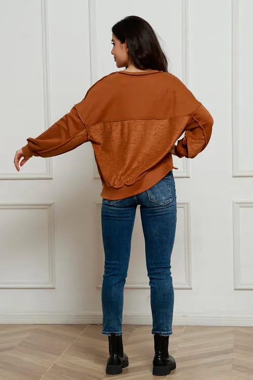 Tianne Exposed Seam Half Button Long Sleeve Sweatshirt