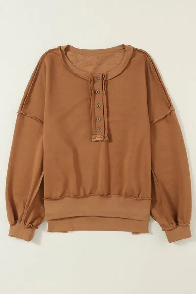 Tianne Exposed Seam Half Button Long Sleeve Sweatshirt