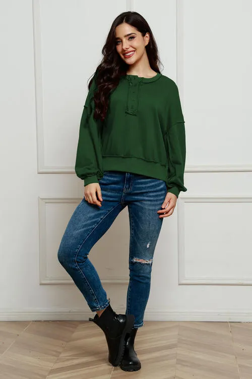 Tianne Exposed Seam Half Button Long Sleeve Sweatshirt