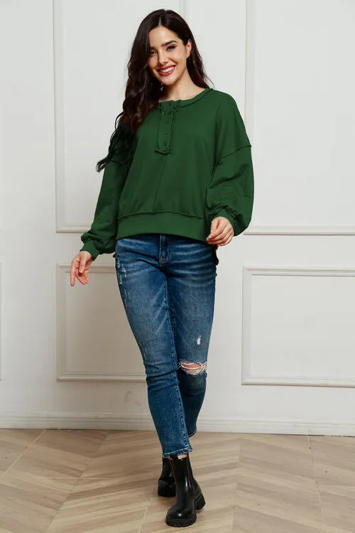 Tianne Exposed Seam Half Button Long Sleeve Sweatshirt