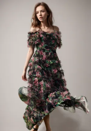 Tiered Ruffles Print Maxi Dresses