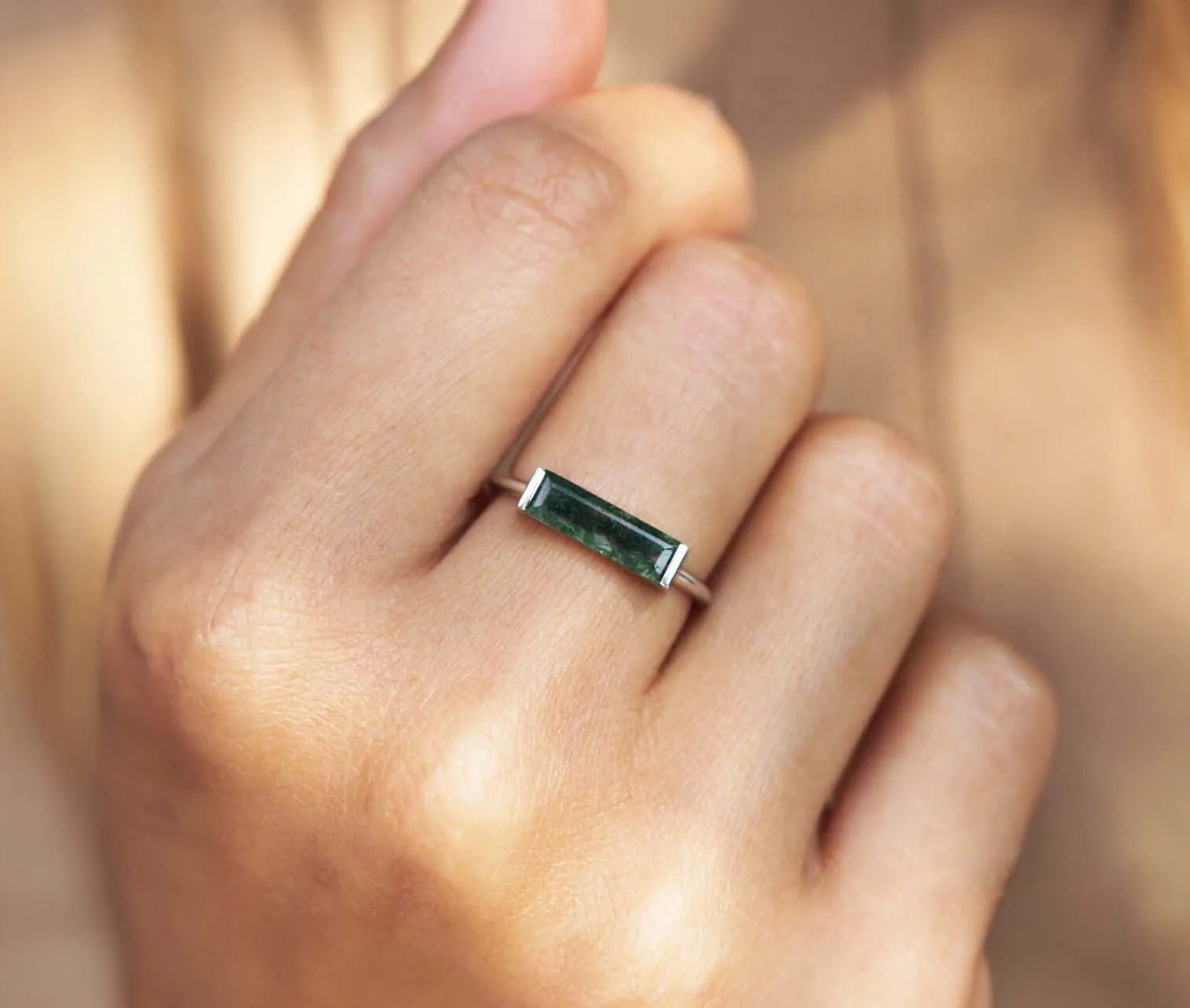 Trendolla 14K Gold Bar Moss Agate Ring Set