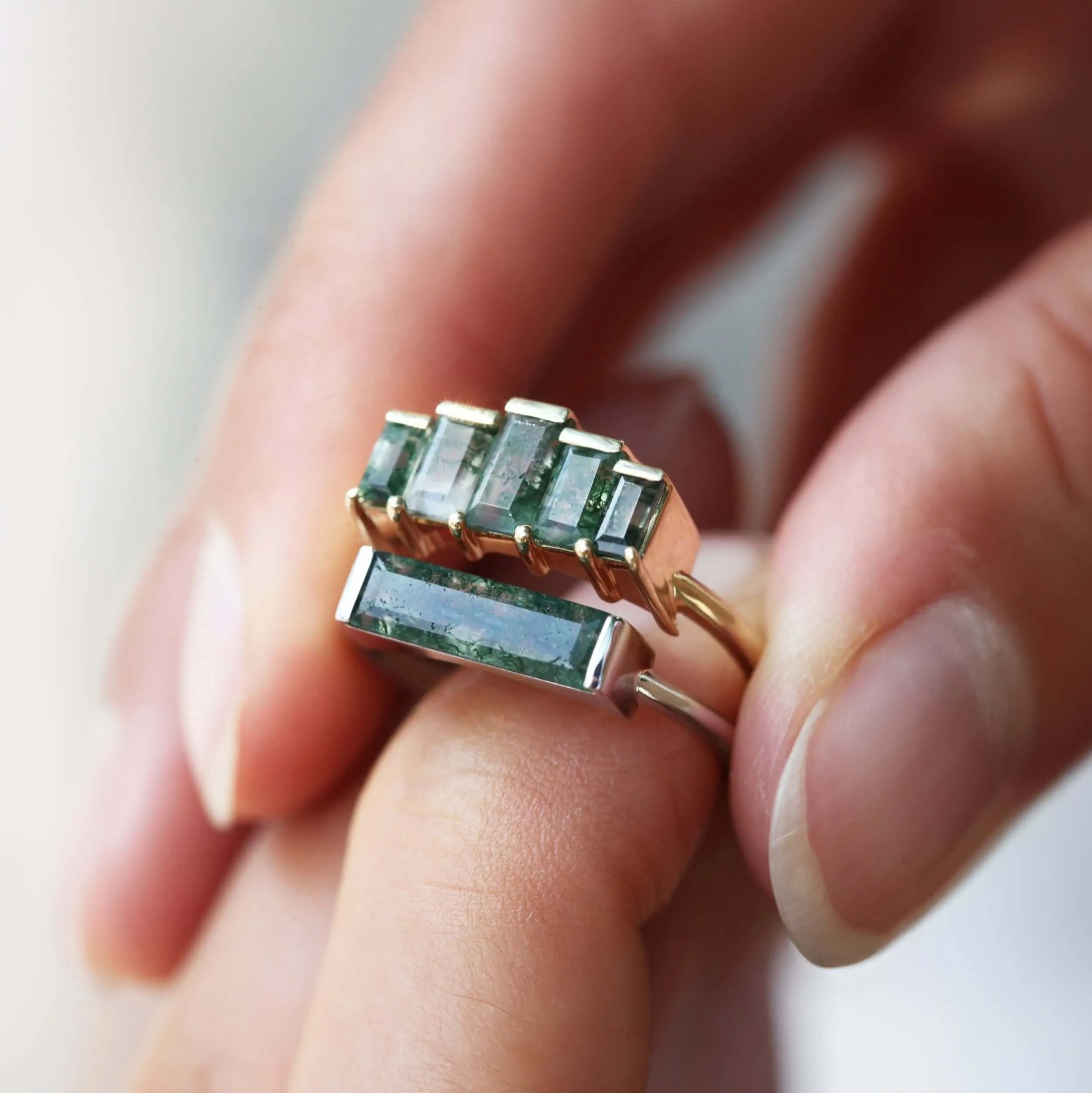 Trendolla 14K Gold Bar Moss Agate Ring Set