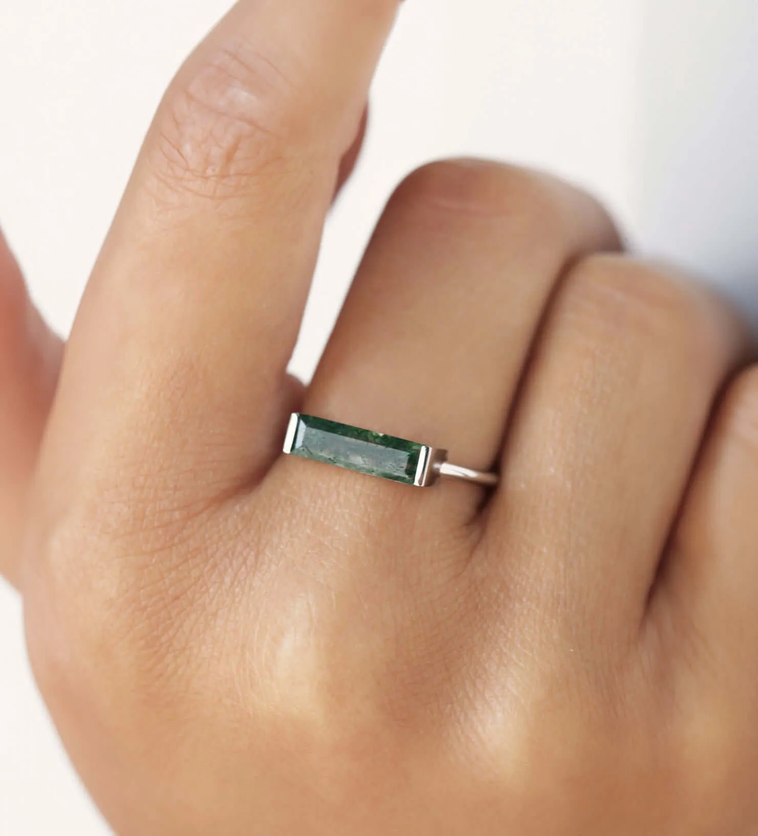 Trendolla 14K Gold Bar Moss Agate Ring Set