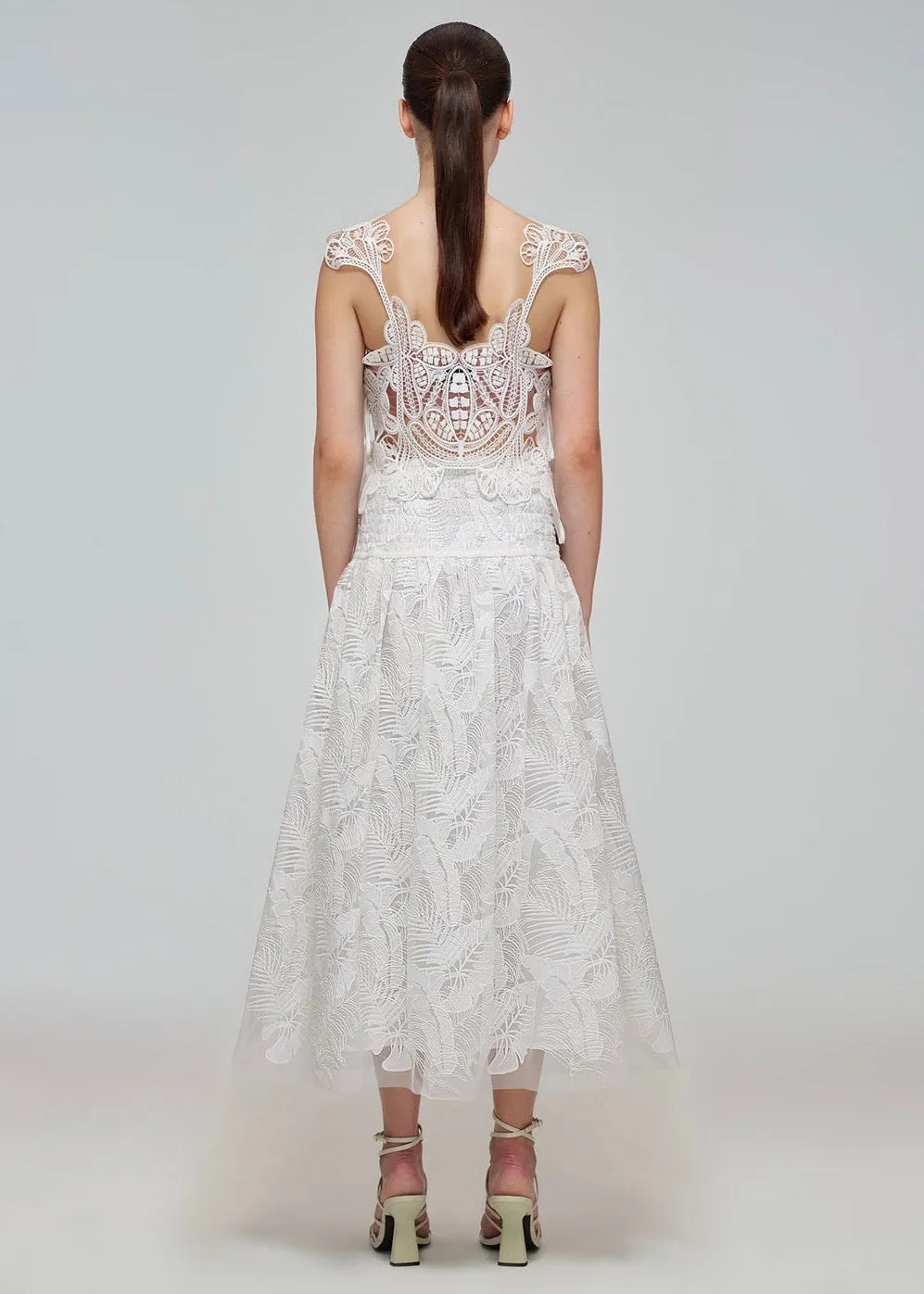Tropical Leaf Embroidered Midi Skirt (White)