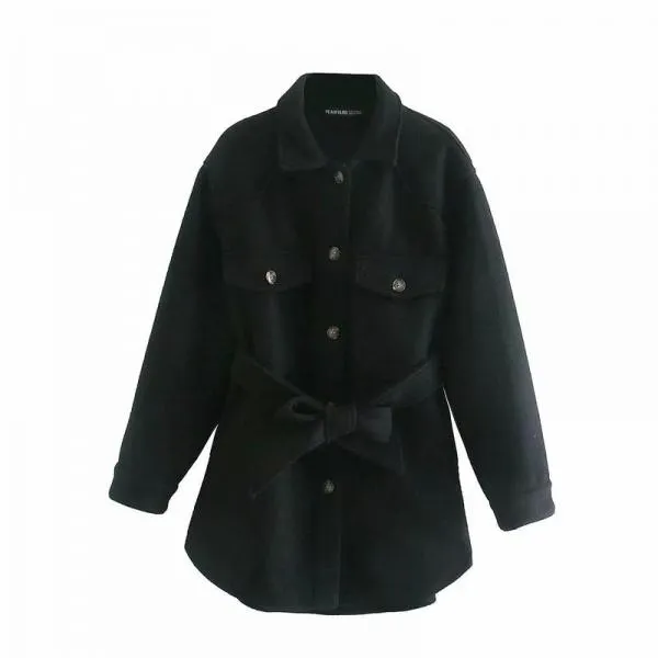 Turn Down Collar Jackets Fashion Tie Belt Waist  Coats Women Elegant Pockets