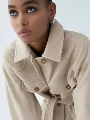 Turn Down Collar Jackets Fashion Tie Belt Waist  Coats Women Elegant Pockets