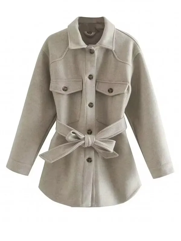 Turn Down Collar Jackets Fashion Tie Belt Waist  Coats Women Elegant Pockets