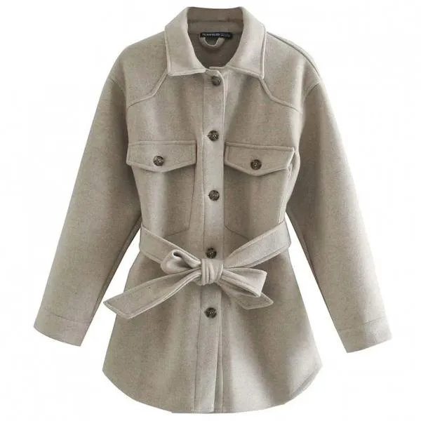 Turn Down Collar Jackets Fashion Tie Belt Waist  Coats Women Elegant Pockets