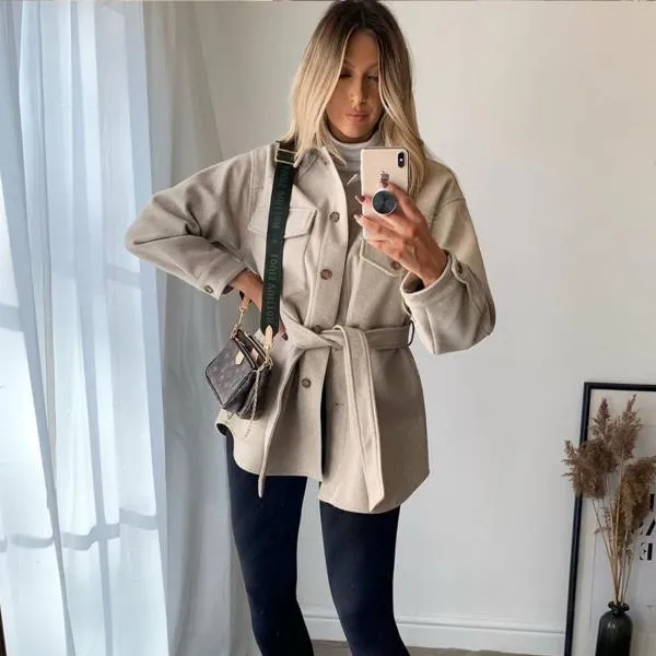 Turn Down Collar Jackets Fashion Tie Belt Waist  Coats Women Elegant Pockets