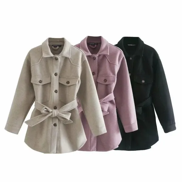 Turn Down Collar Jackets Fashion Tie Belt Waist  Coats Women Elegant Pockets