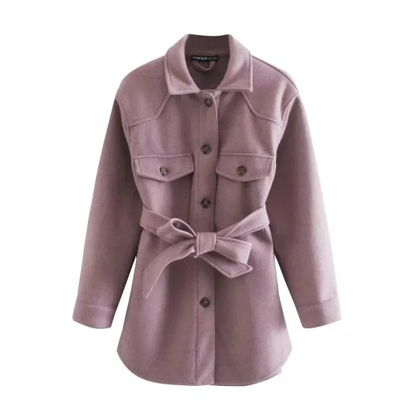 Turn Down Collar Jackets Fashion Tie Belt Waist  Coats Women Elegant Pockets