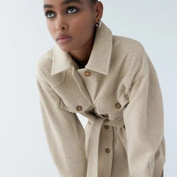 Turn Down Collar Jackets Fashion Tie Belt Waist  Coats Women Elegant Pockets