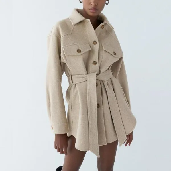 Turn Down Collar Jackets Fashion Tie Belt Waist  Coats Women Elegant Pockets