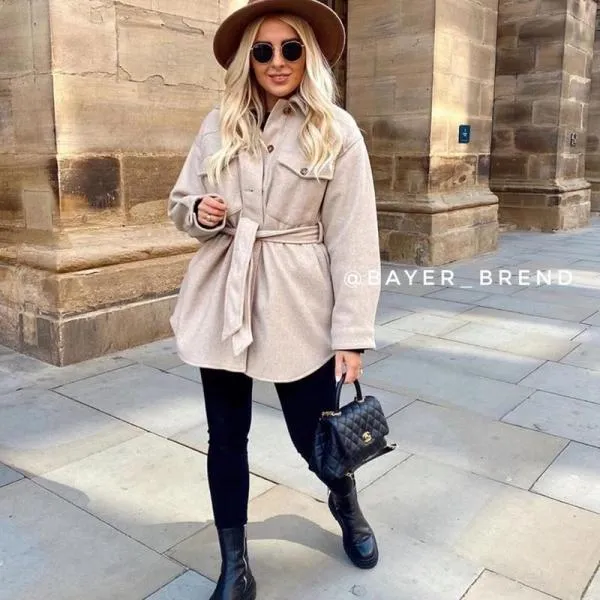 Turn Down Collar Jackets Fashion Tie Belt Waist  Coats Women Elegant Pockets