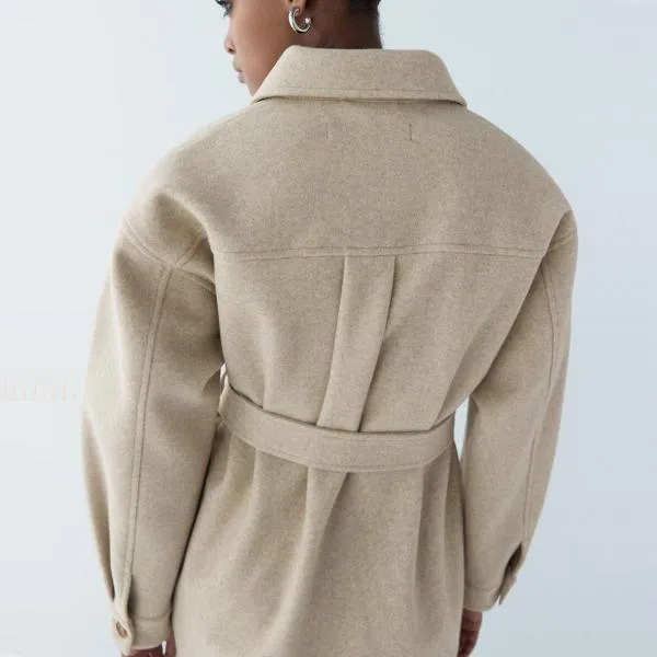Turn Down Collar Jackets Fashion Tie Belt Waist  Coats Women Elegant Pockets