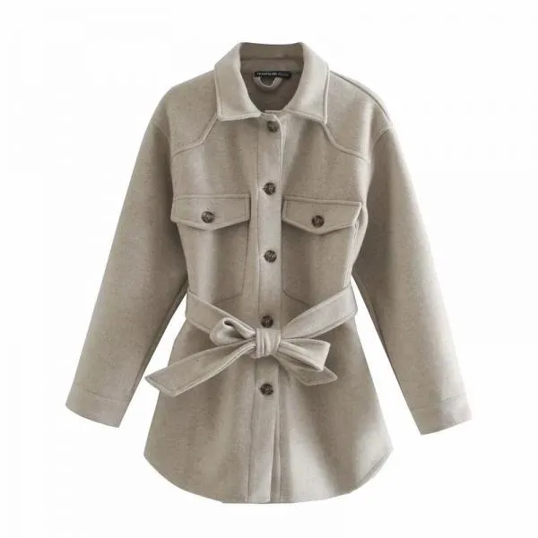 Turn Down Collar Jackets Fashion Tie Belt Waist  Coats Women Elegant Pockets