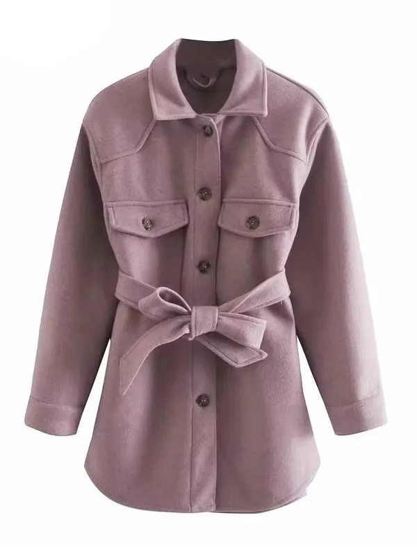 Turn Down Collar Jackets Fashion Tie Belt Waist  Coats Women Elegant Pockets