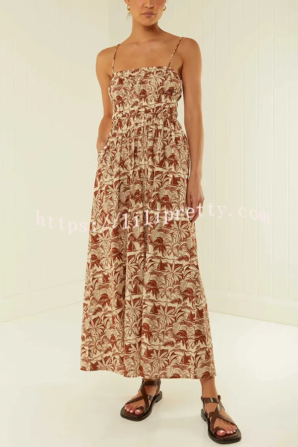 Unique Printed Suspender Backless Pleated Waist Maxi Dress