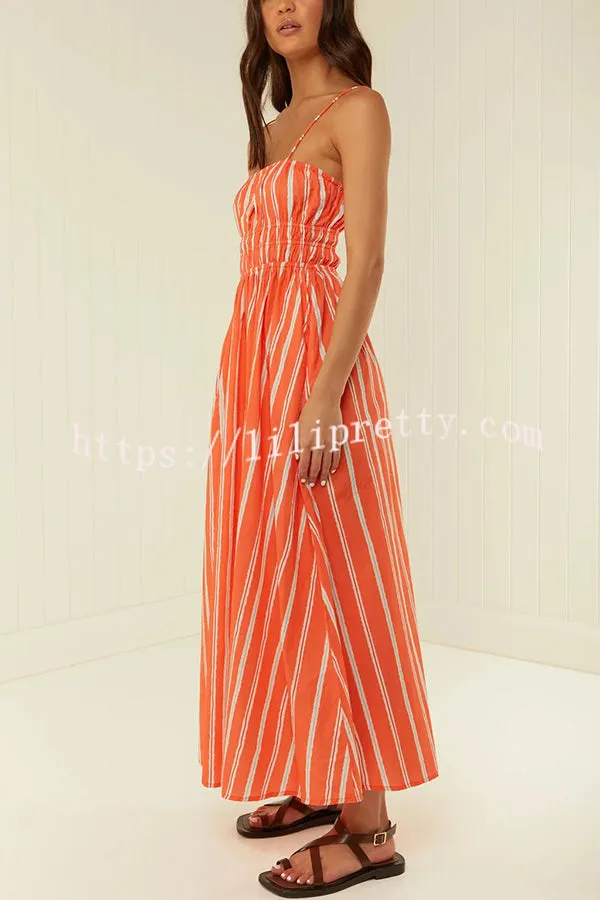 Unique Printed Suspender Backless Pleated Waist Maxi Dress