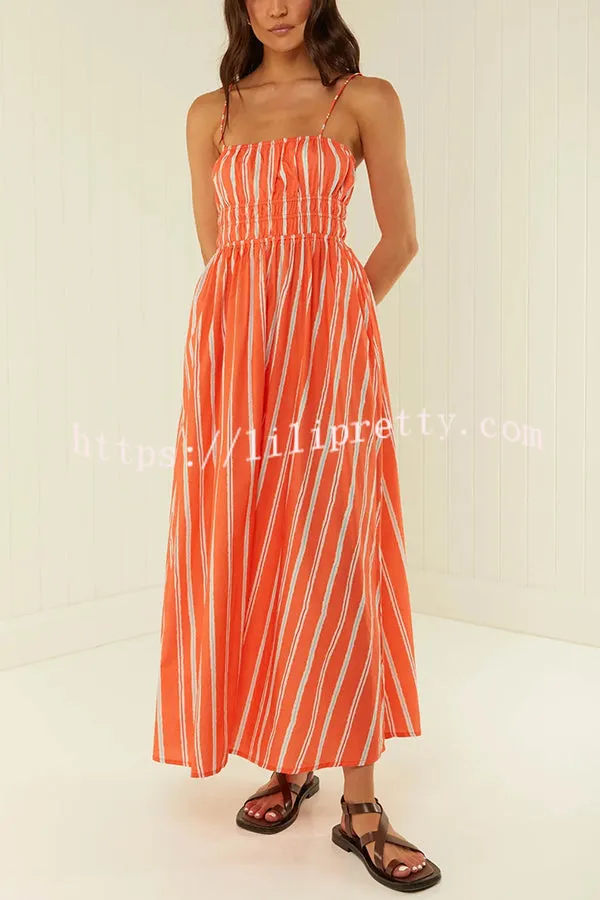 Unique Printed Suspender Backless Pleated Waist Maxi Dress