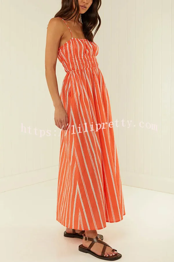 Unique Printed Suspender Backless Pleated Waist Maxi Dress