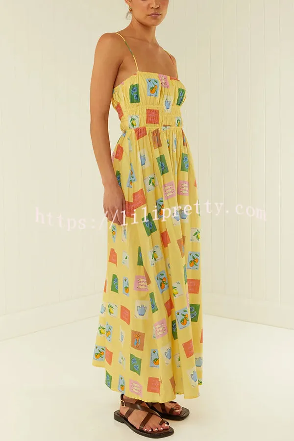 Unique Printed Suspender Backless Pleated Waist Maxi Dress