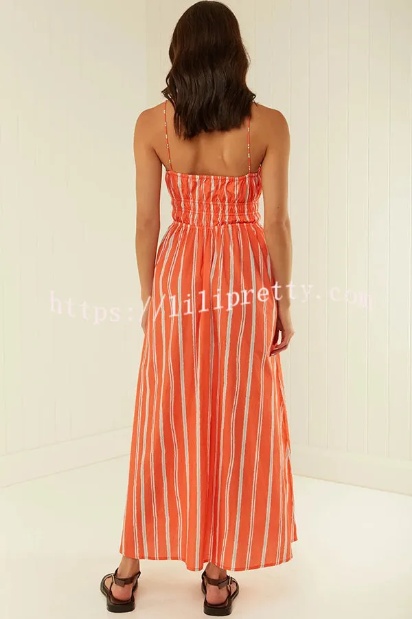 Unique Printed Suspender Backless Pleated Waist Maxi Dress