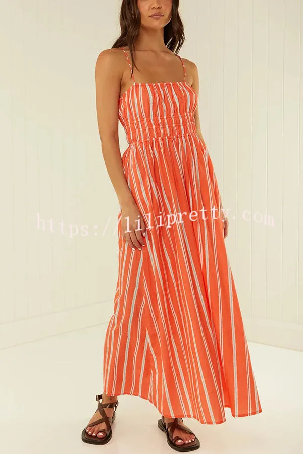 Unique Printed Suspender Backless Pleated Waist Maxi Dress