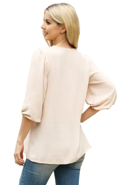 V Neck Band Elastic Tunnel Sleeve Woven Top Beige - Pack of 6