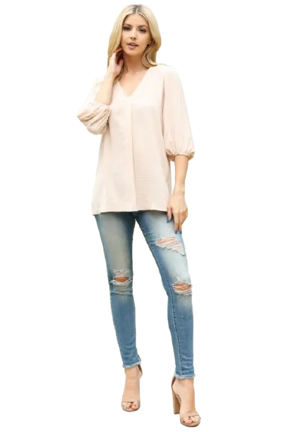 V Neck Band Elastic Tunnel Sleeve Woven Top Beige - Pack of 6