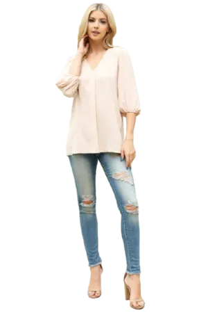 V Neck Band Elastic Tunnel Sleeve Woven Top Beige - Pack of 6