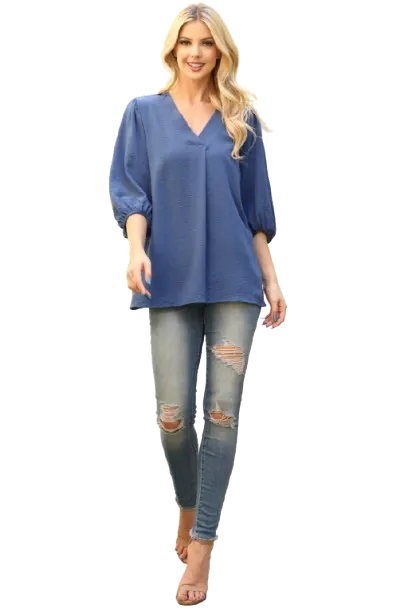 V Neck Band Elastic Tunnel Sleeve Woven Top Vintage Navy - Pack of 6