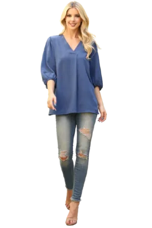 V Neck Band Elastic Tunnel Sleeve Woven Top Vintage Navy - Pack of 6