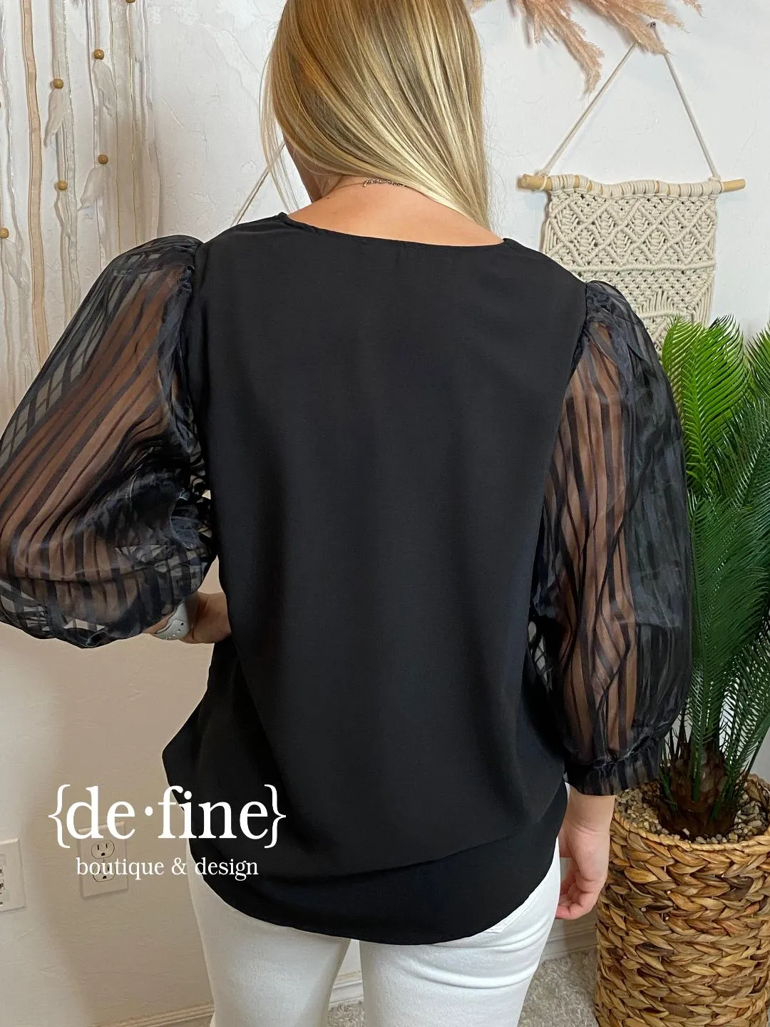 V-Neck Black Top with Sheer Striped Sleeves