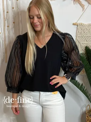 V-Neck Black Top with Sheer Striped Sleeves