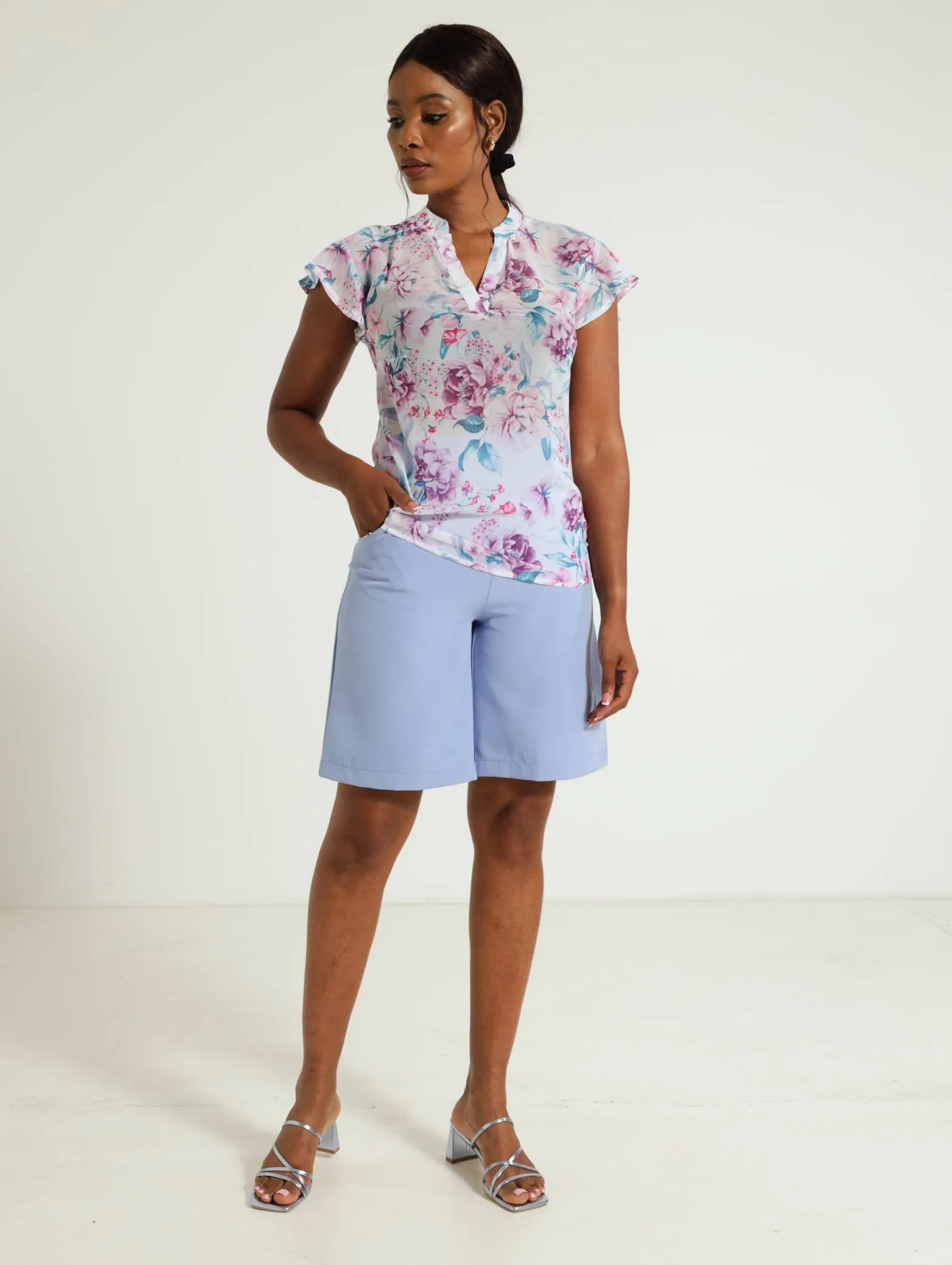 V-Neck Flutter Sleeve Blouse