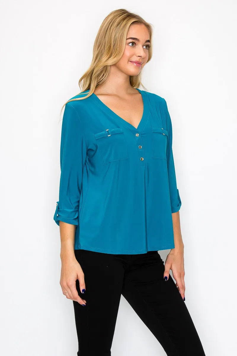 V Neck Hardware Pocket 3 4 Roll Sleeves Shirt