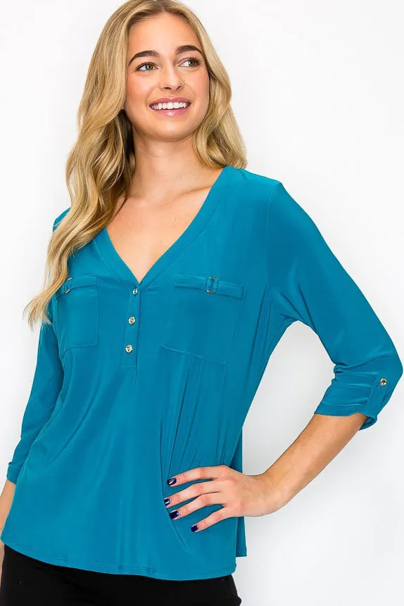 V Neck Hardware Pocket 3 4 Roll Sleeves Shirt