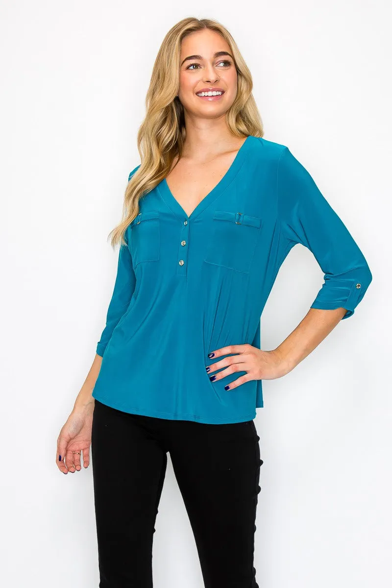 V Neck Hardware Pocket 3 4 Roll Sleeves Shirt