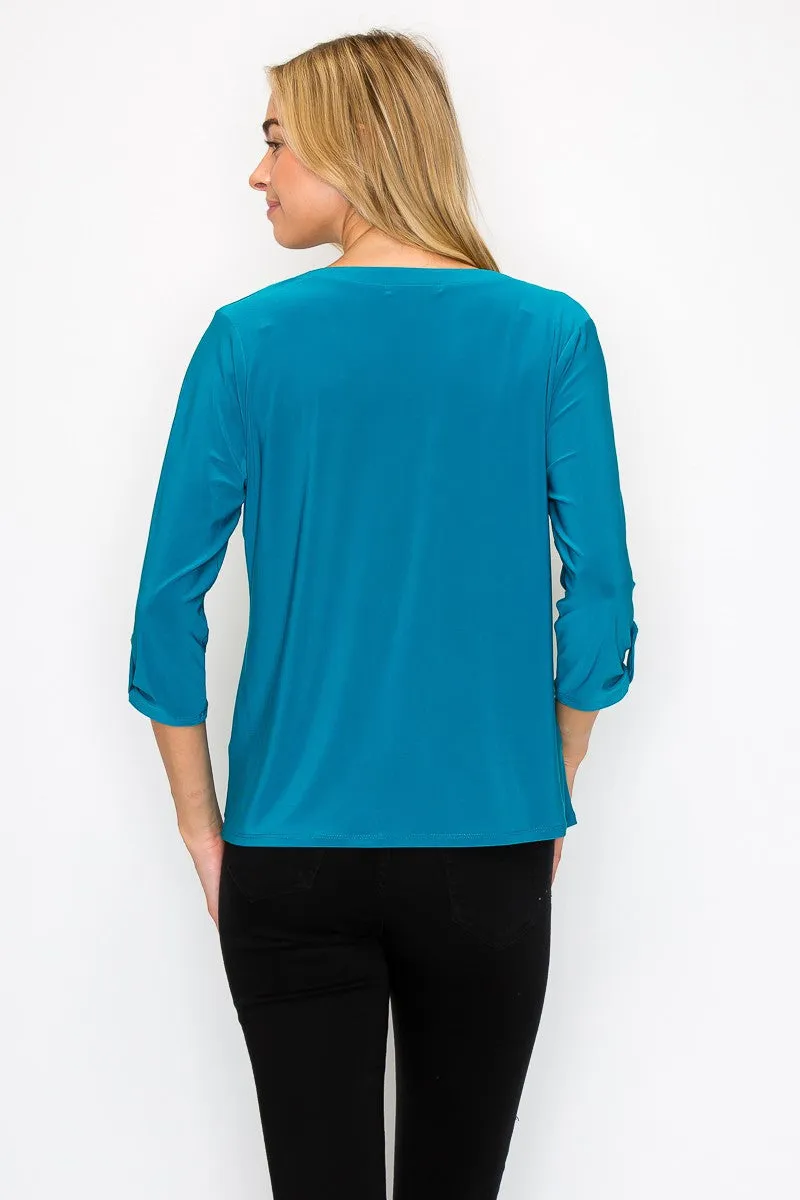 V Neck Hardware Pocket 3 4 Roll Sleeves Shirt