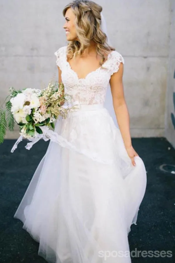 V Neck Lace Cap Sleeves Cheap Custom Long Wedding Bridal Dresses, WD289