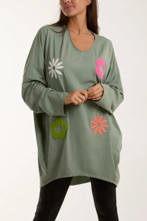 V-Neck Multicolour Flower Oversized Top