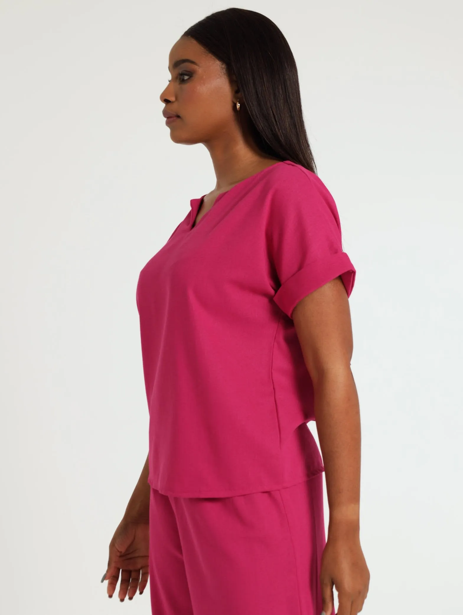 V-Neck Popover Top - Magenta