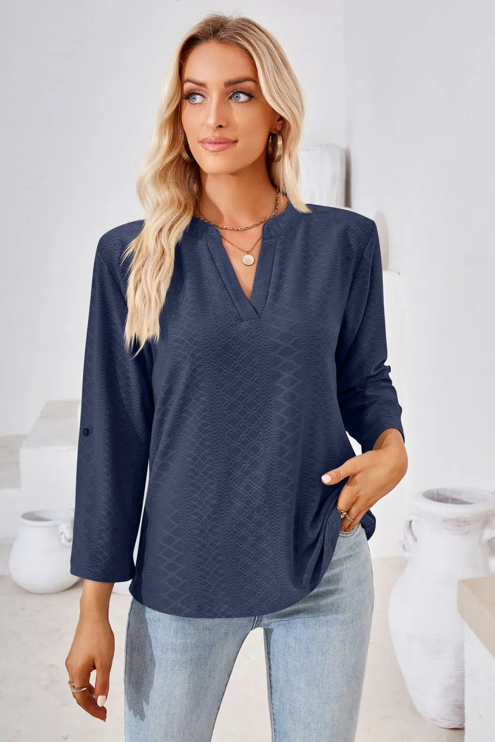 V-Neck Roll-Tap Sleeve Blouse (8 Colors)
